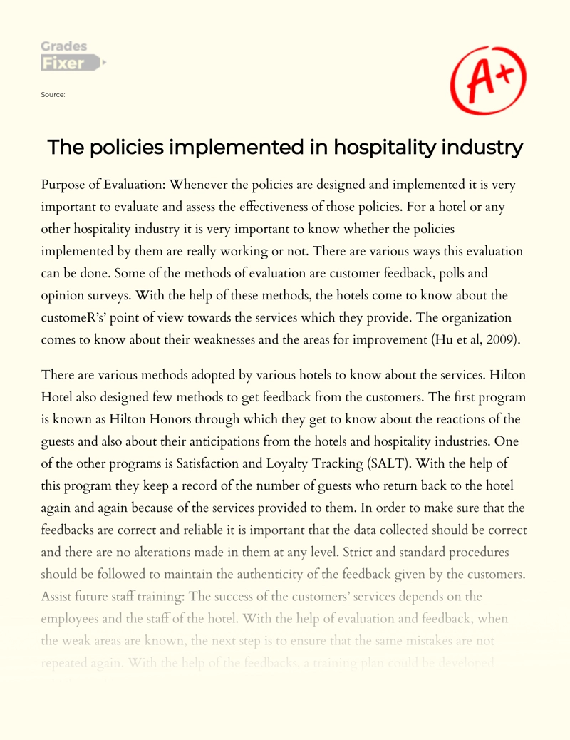 The Policies Implemented in Hospitality Industry Essay