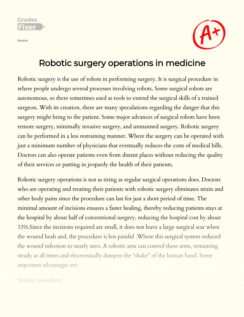 Robotic Surgery Operations in Medicine essay