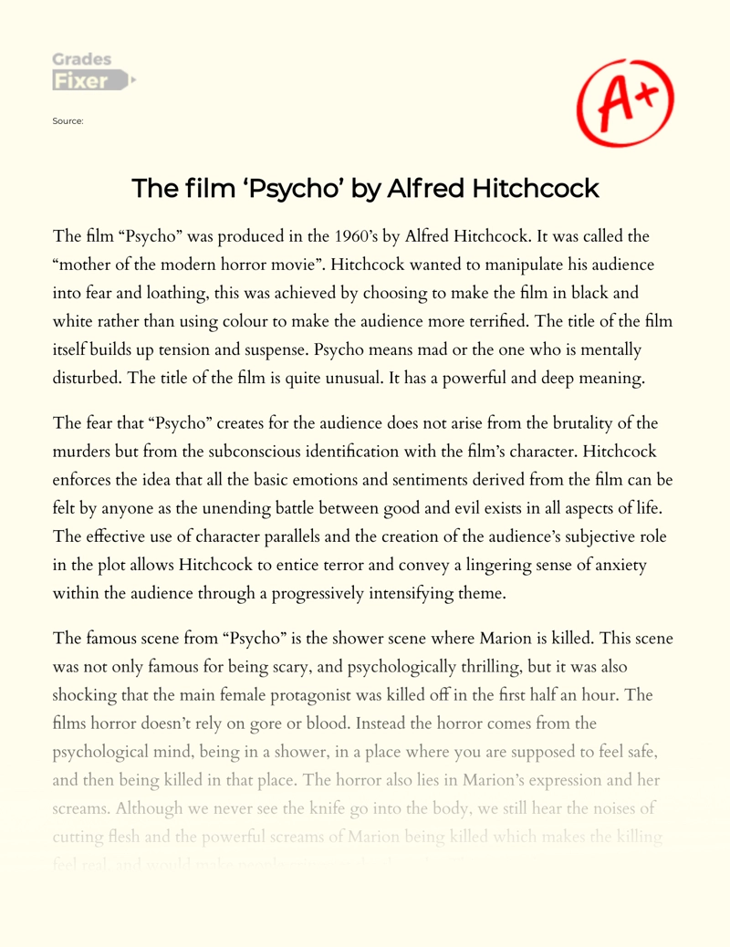 The Film ‘psycho’ by Alfred Hitchcock Essay
