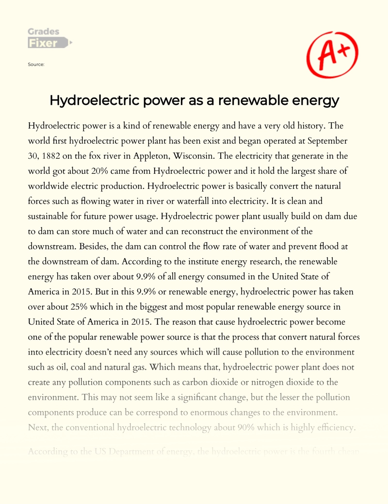 Hydroelectric Power as a Renewable Energy  Essay
