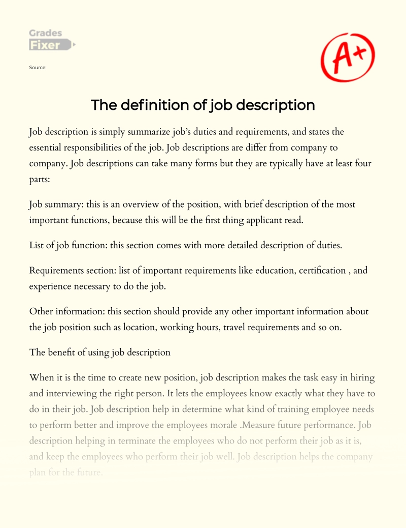 The Definition of Job Description  essay