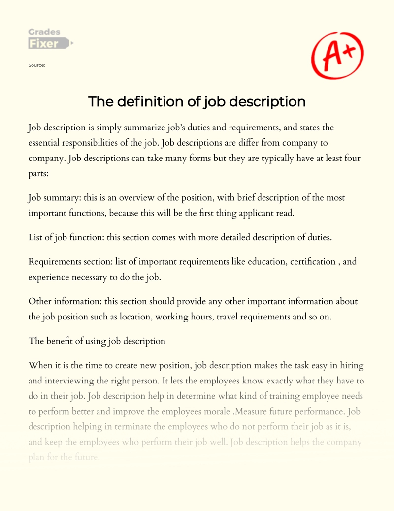 The Definition Of Job Description Essay Example 907 Words Gradesfixer