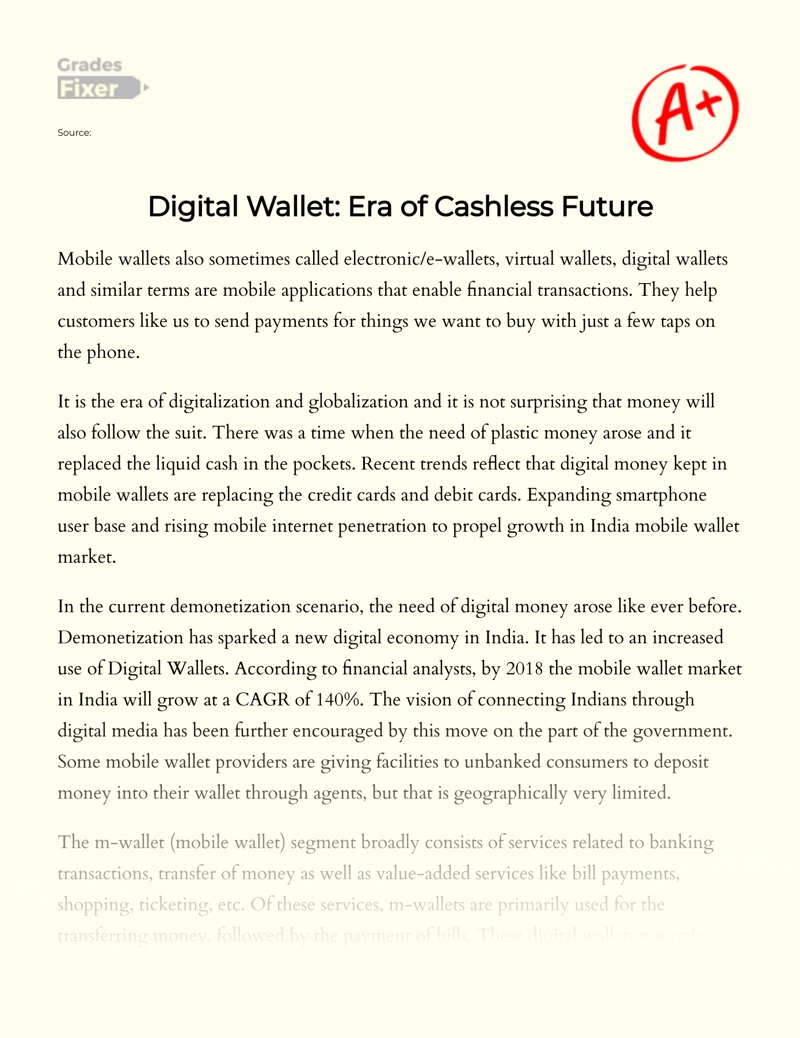 Digital Wallet: Era of Cashless Future Essay