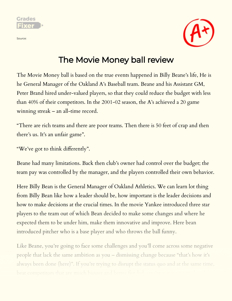 The Movie Money Ball Review essay