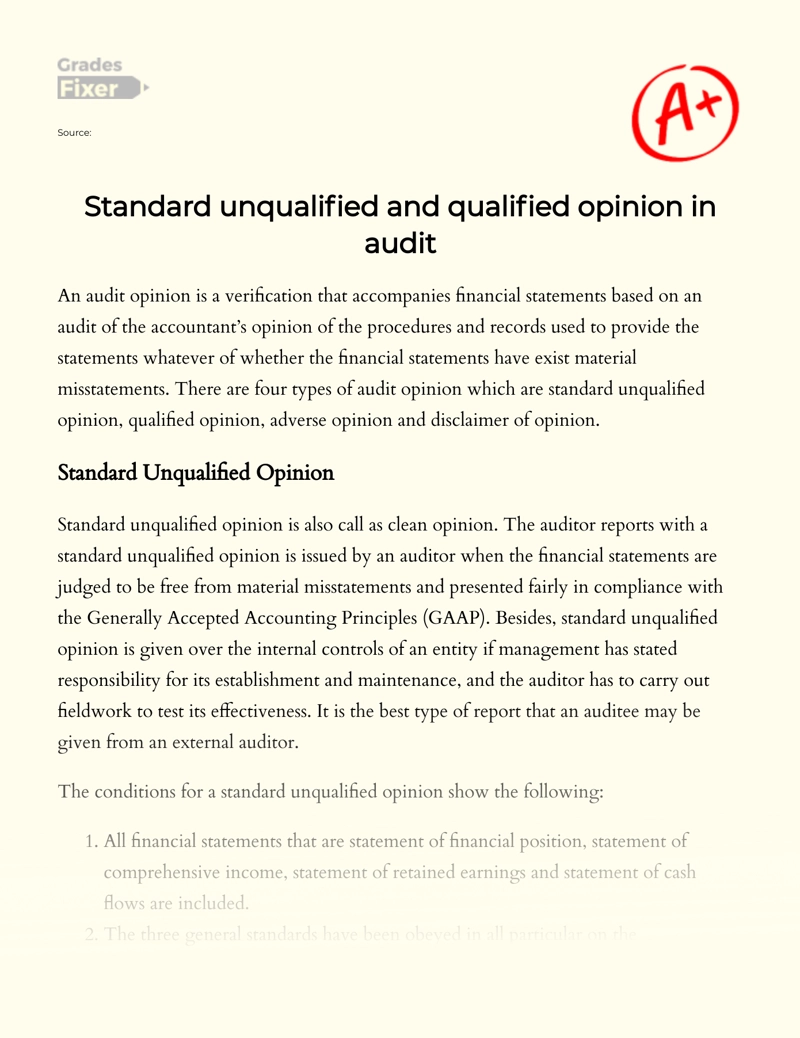 Standard Unqualified and Qualified Opinion in Audit Essay