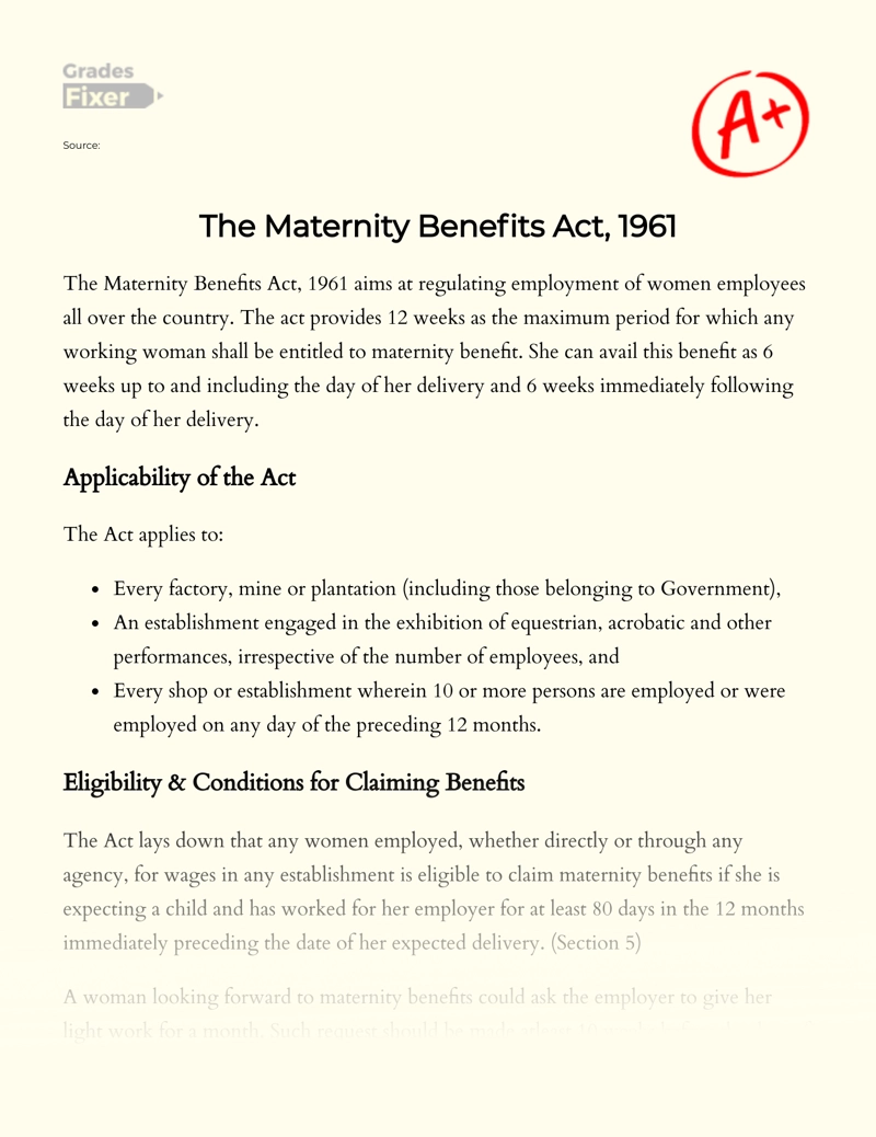 The Maternity Benefits Act, 1961  essay