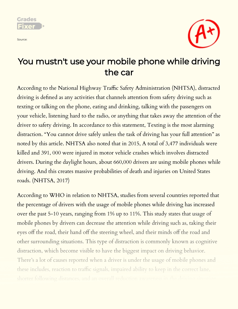 You Mustn't Use Your Mobile Phone While Driving The Car Essay