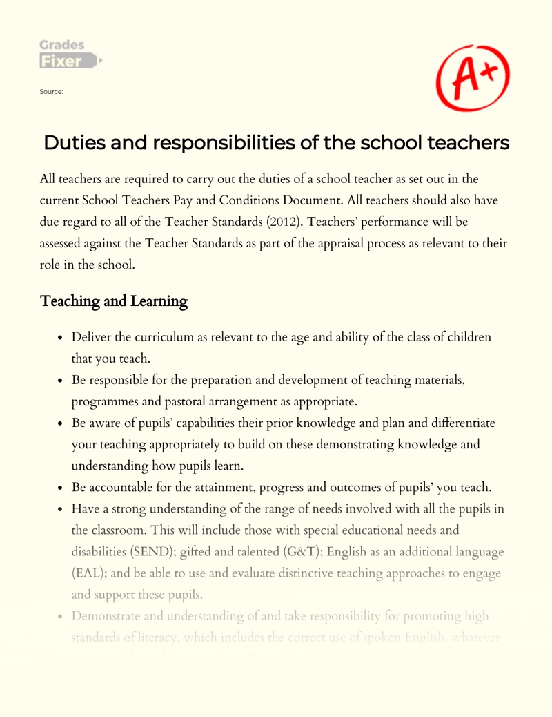 Duties and Responsibilities of The School Teachers  Essay