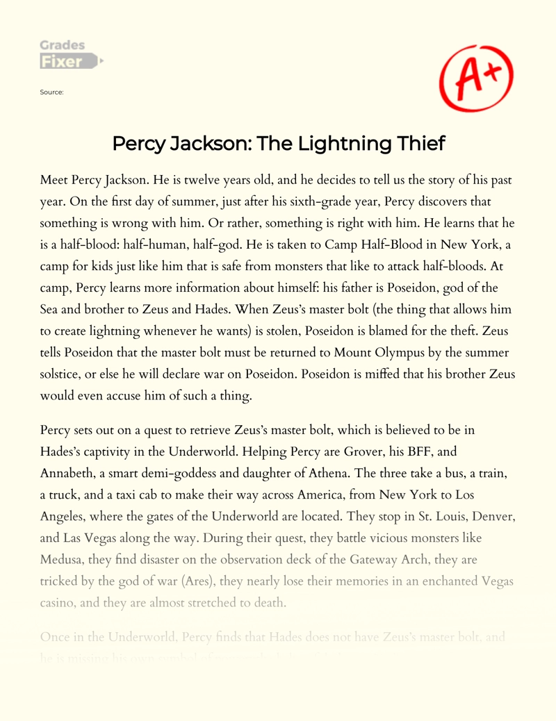 The Lightning Thief: Percy Jackson's Character Analysis Essay