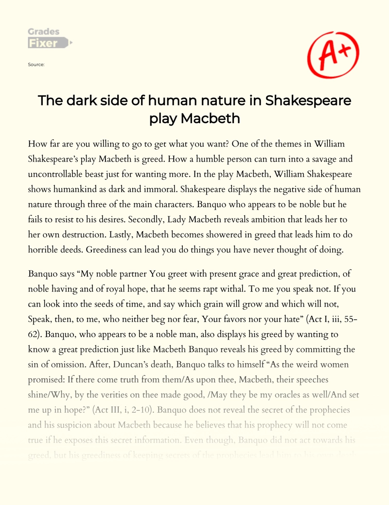 The Dark Side of Human Nature in Shakespeare Play Macbeth essay