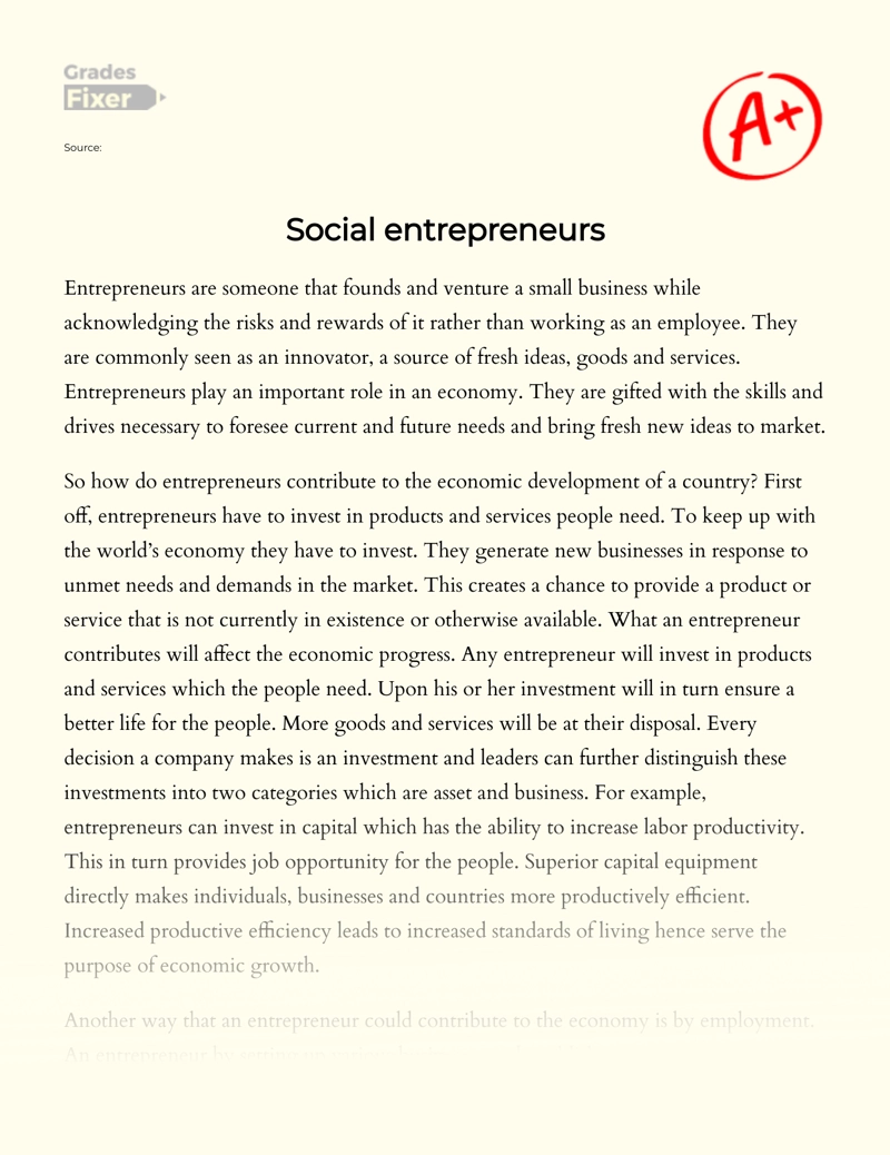 The Role of Social Entrepreneurs in The Economic Development of a Country Essay