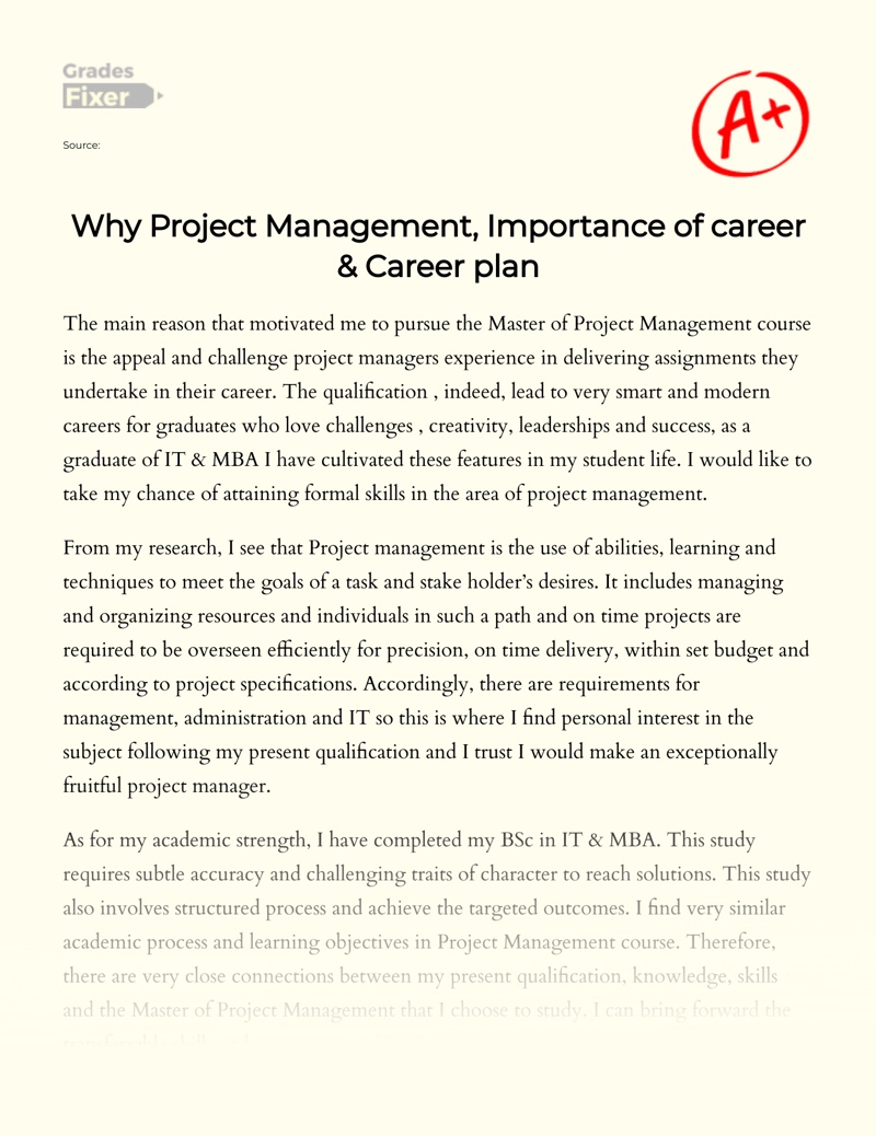 My Career Plan: Project Management Essay