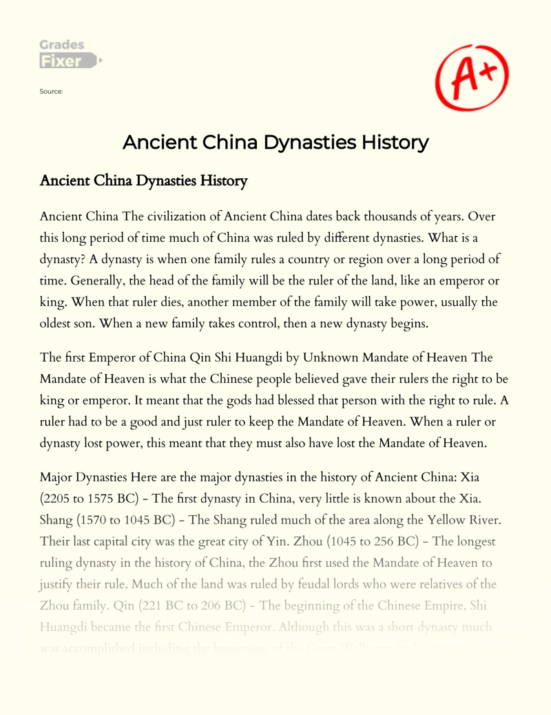 Ancient China Dynasties History Essay