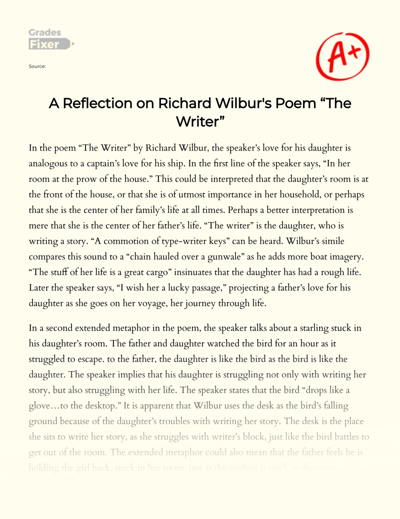 A Reflection on Richard Wilbur's Poem "The Writer" Essay