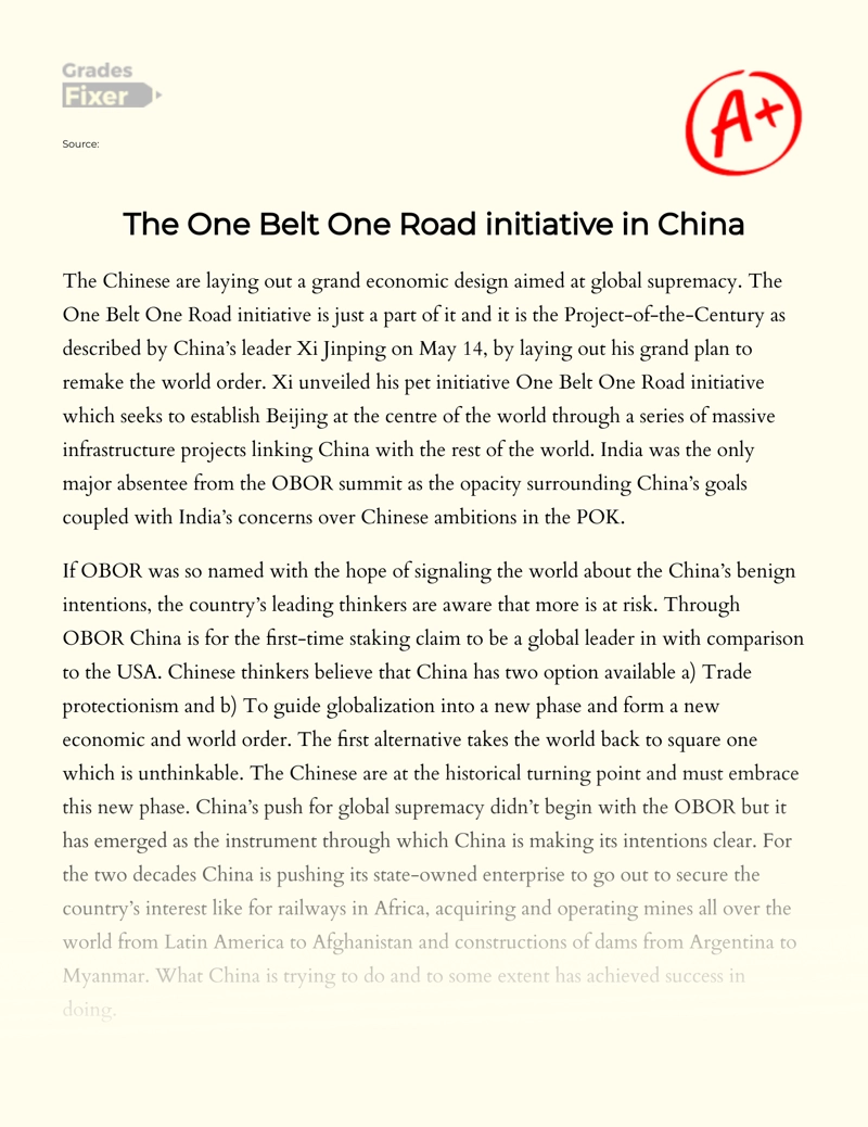 The One Belt One Road Initiative in China Essay