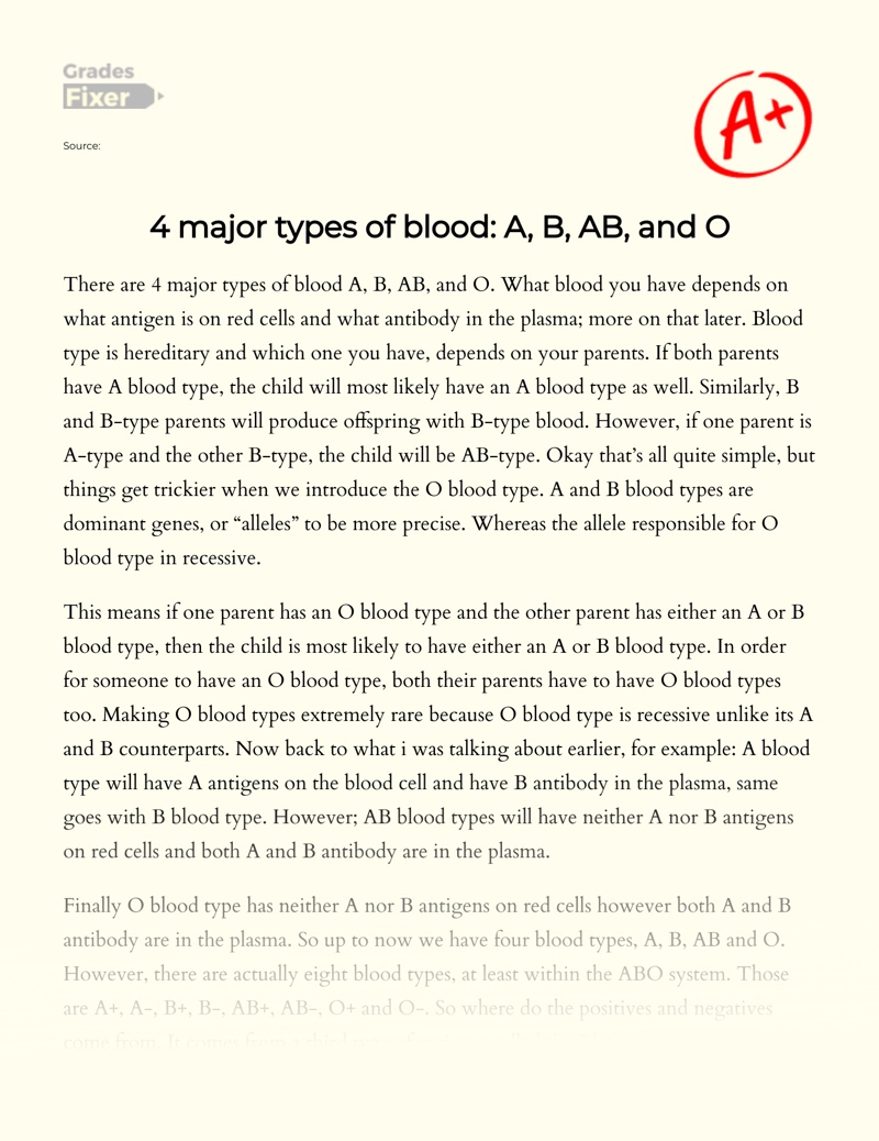 4 Major Types of Blood: A, B, Ab, and O Essay