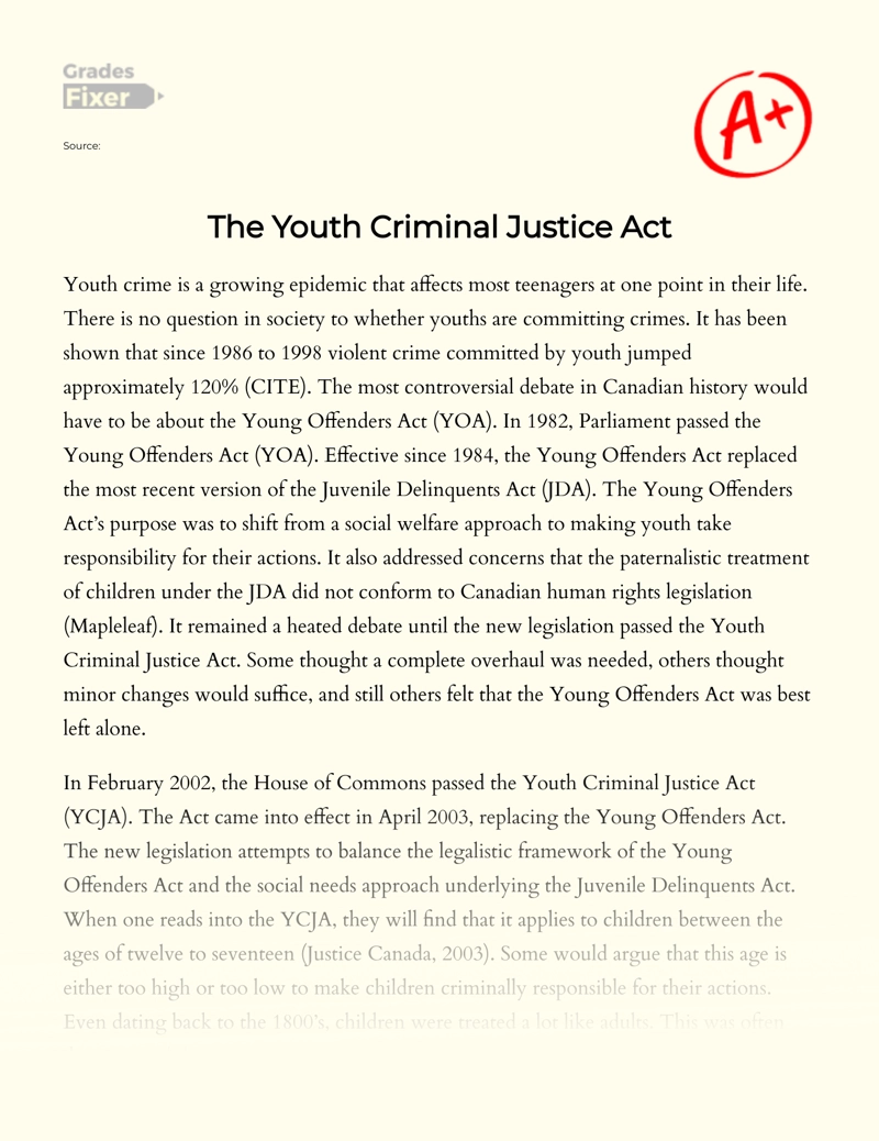 The Youth Criminal Justice Act Essay