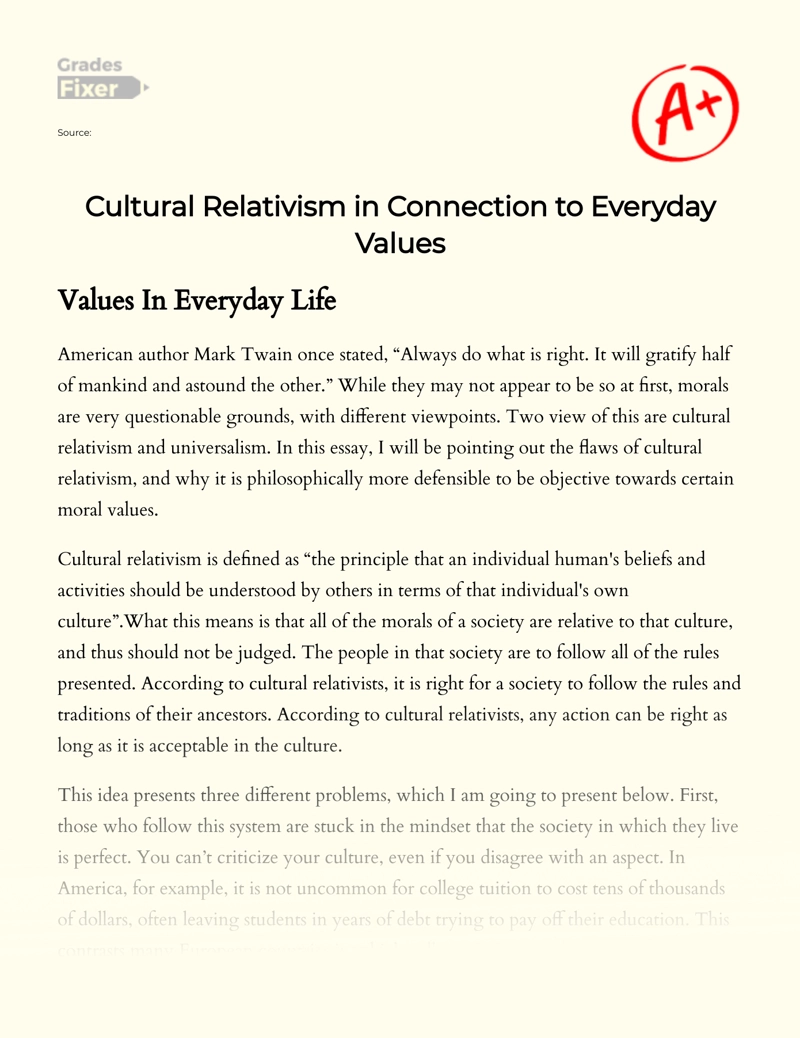 Cultural Relativism in Connection to Everyday Values Essay