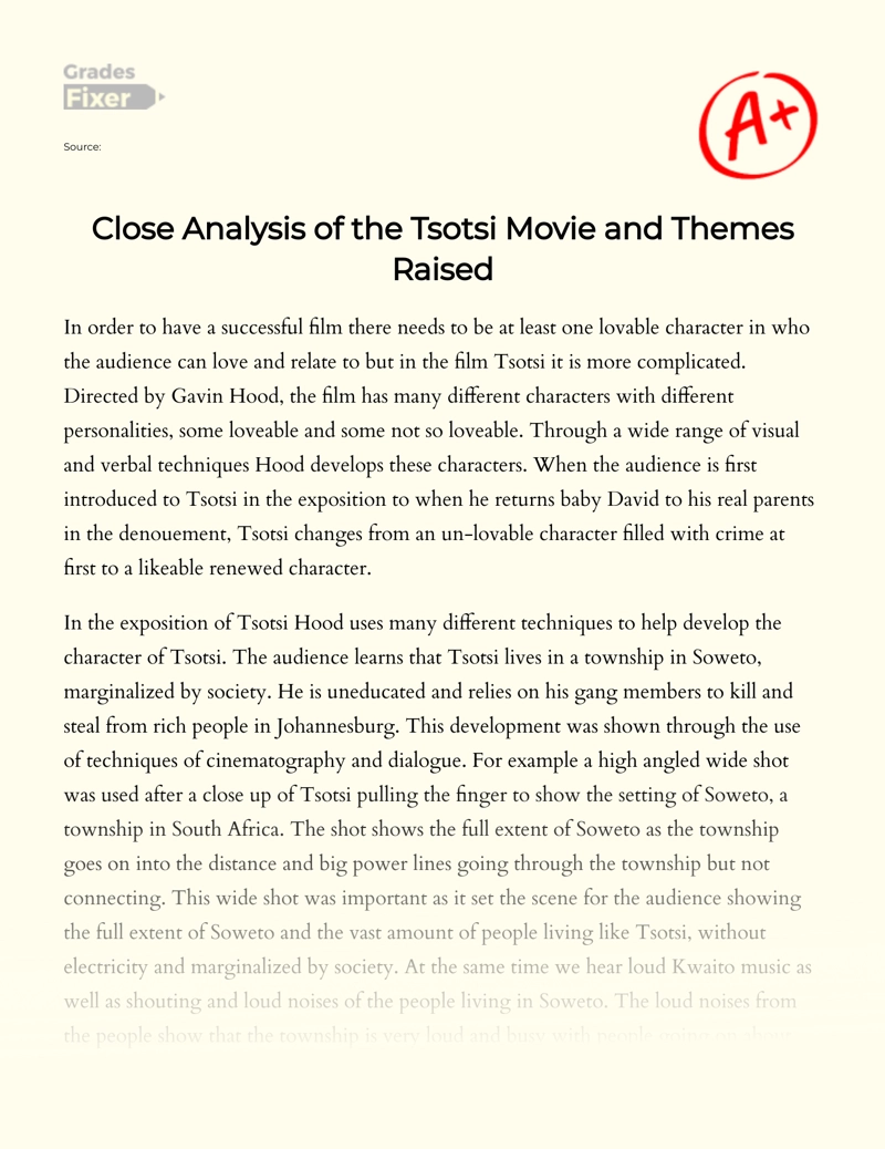 Close Analysis of The Tsotsi Movie and Themes Raised Essay