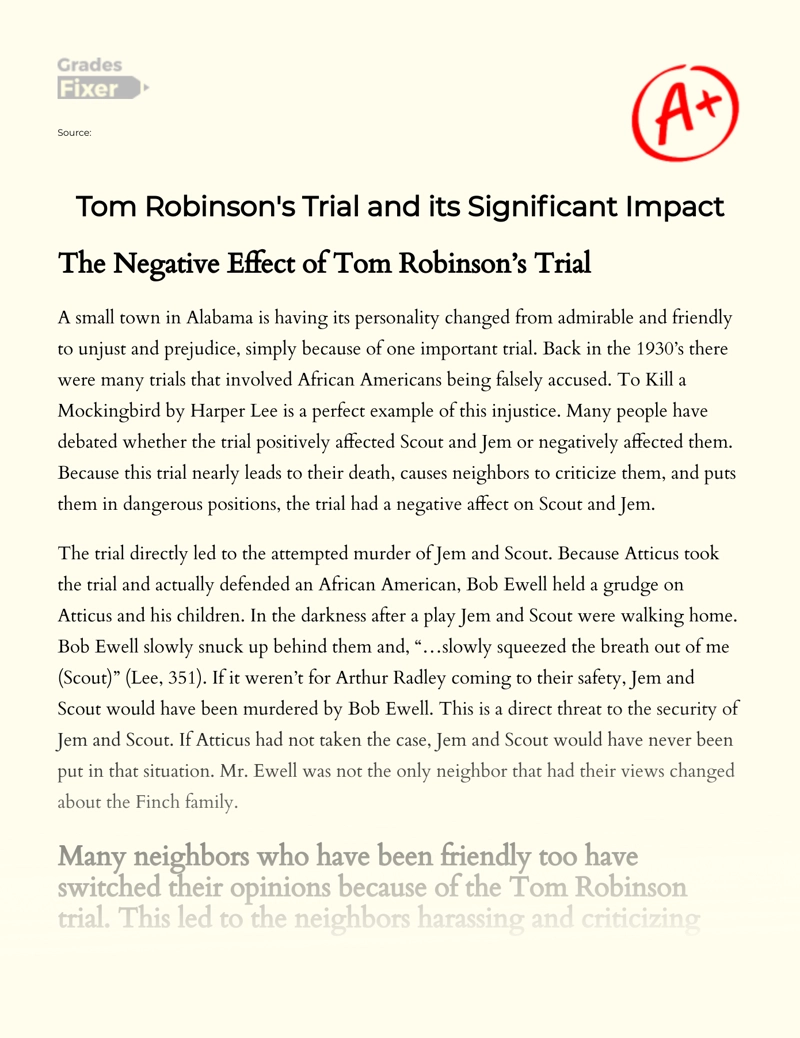 Tom Robinson's Trial and Its Significant Impact essay