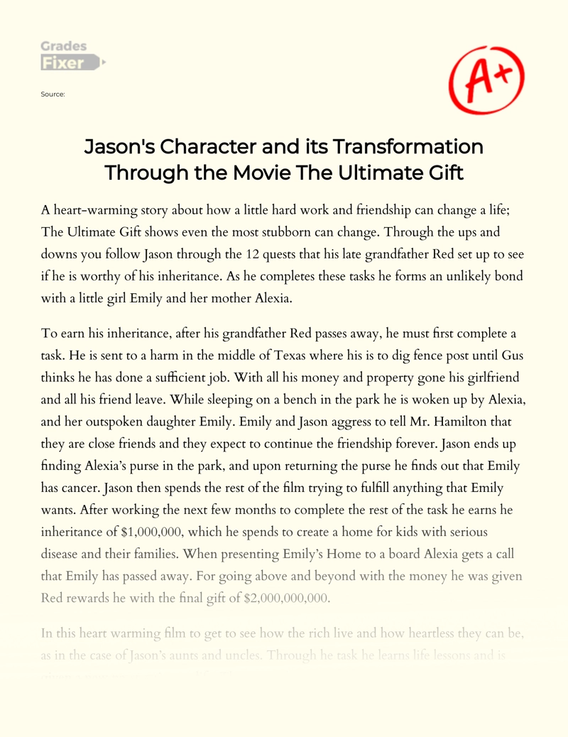 Jason's Character and Its Transformation Through The Movie The Ultimate Gift essay