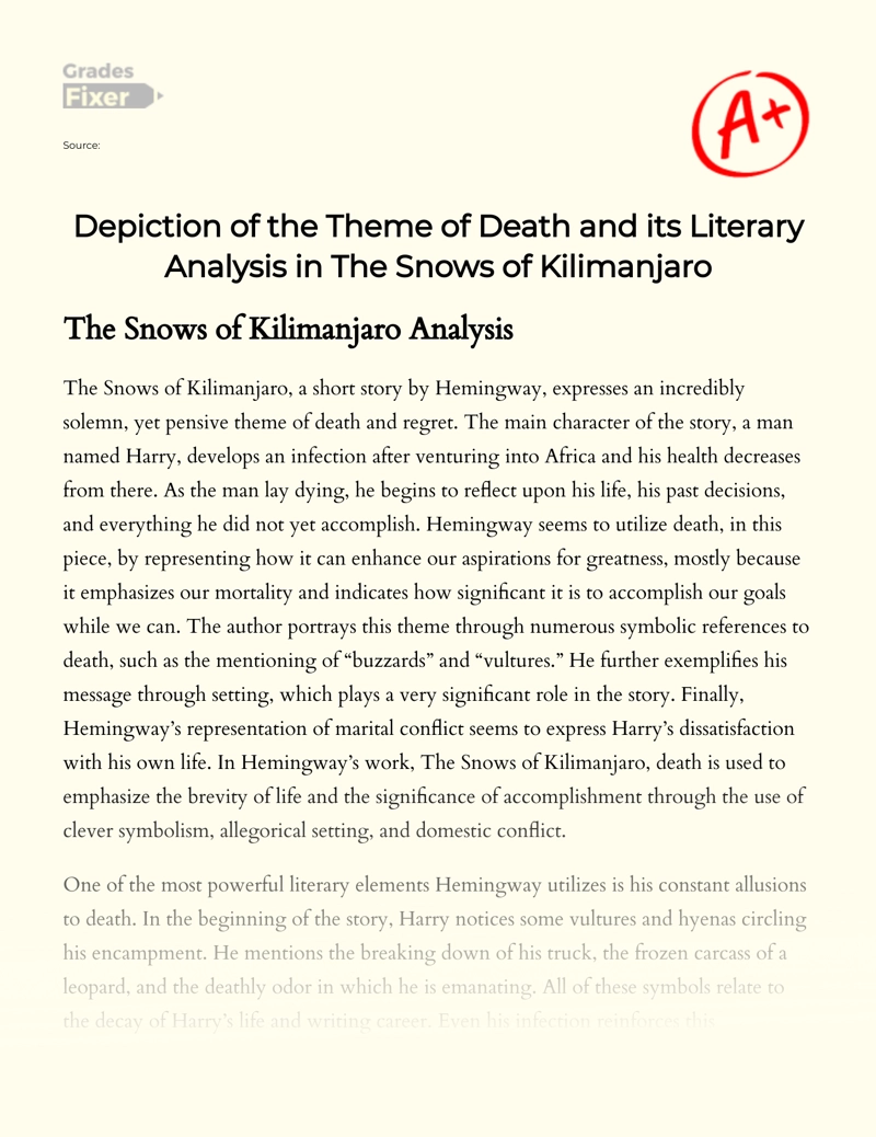 Depiction of The Theme of Death and Its Literary Analysis in The Snows of Kilimanjaro Essay