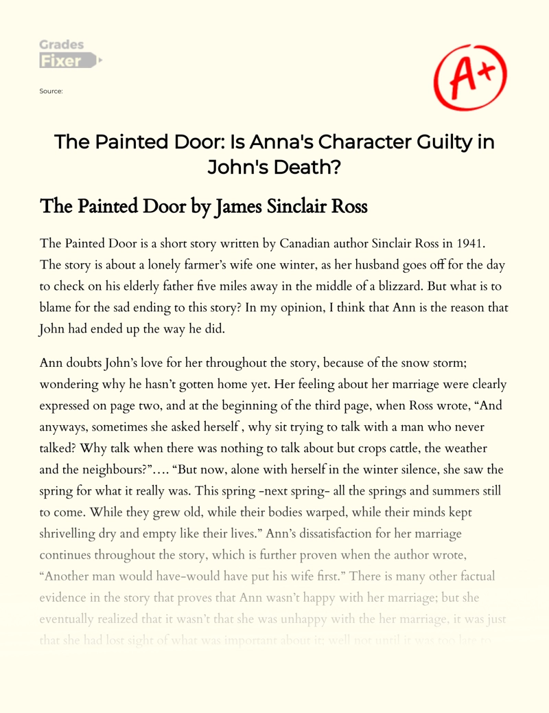 The Painted Door: Analyzing Anna's Character Guilt in John's Death essay