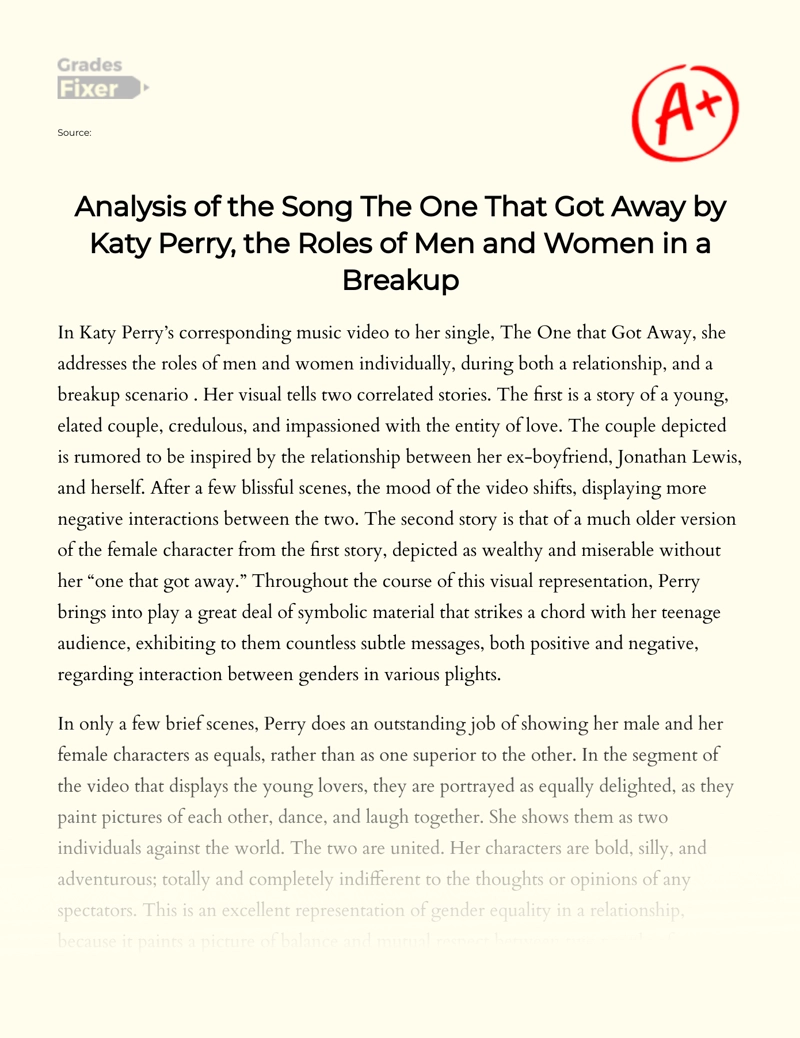 Analysis of The Song The One that Got Away by Katy Perry, The Roles of Men and Women in a Breakup essay