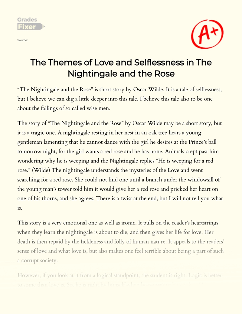 The Themes of Love and Selflessness in The Nightingale and The Rose Essay
