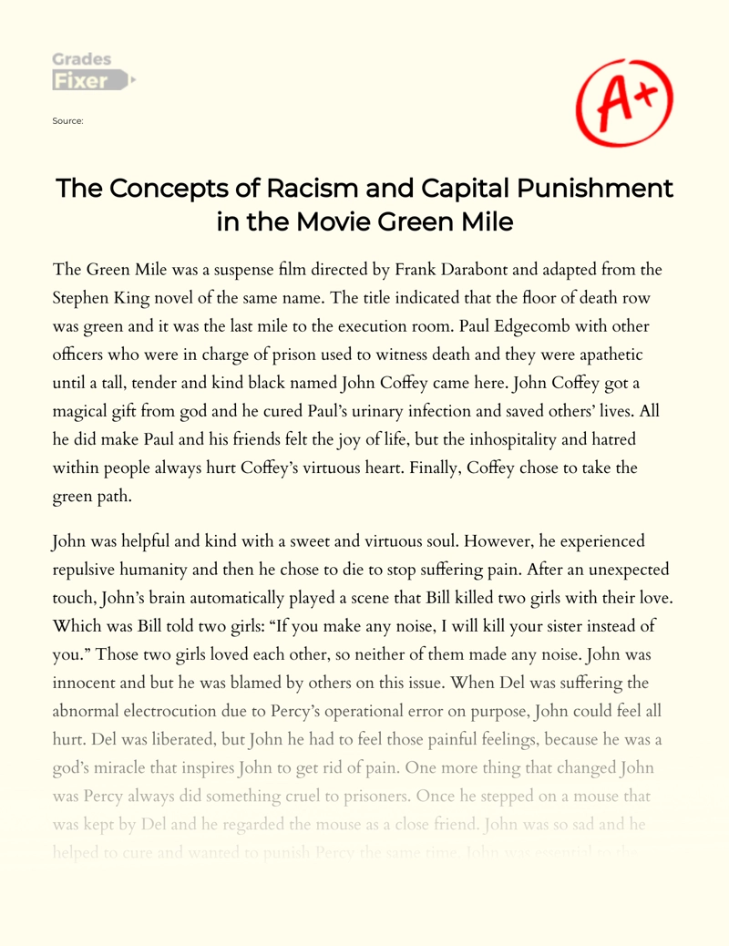 The Concepts of Racism and Capital Punishment in The Movie Green Mile essay