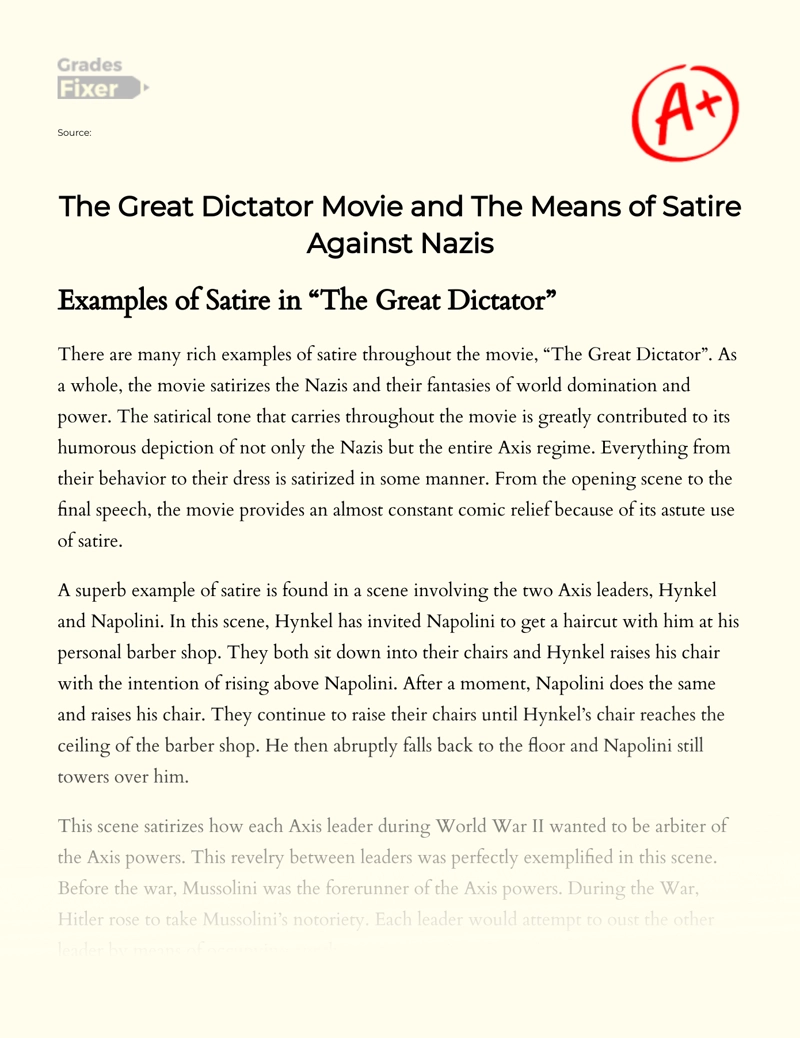 The Great Dictator Movie and The Means of Satire Against Nazis Essay