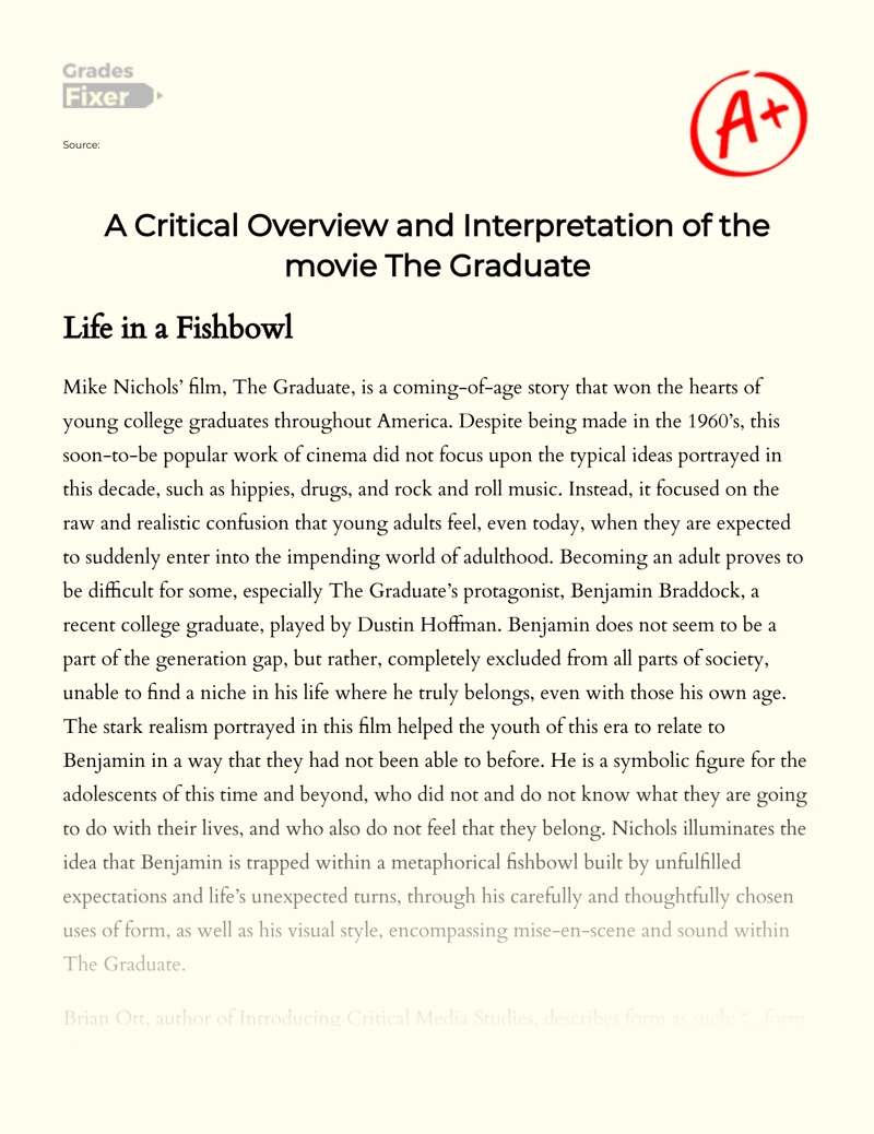 A Critical Overview and Interpretation of "The Graduate" Film: Analysis Essay