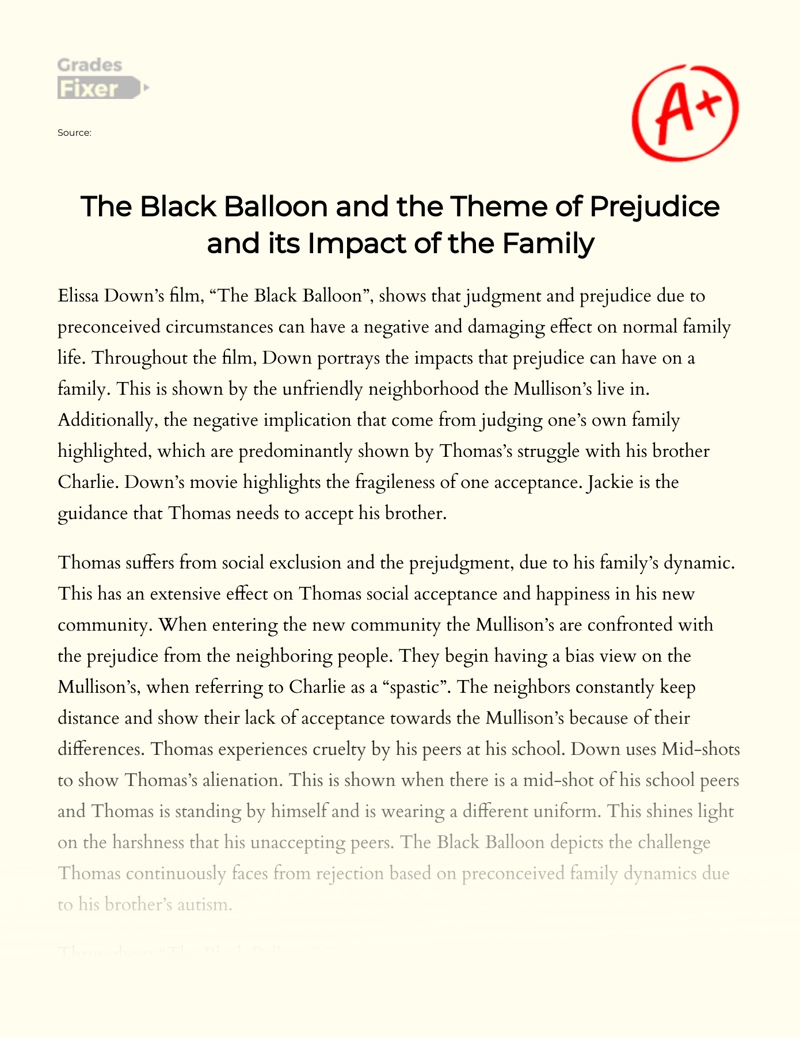 The Black Balloon and The Theme of Prejudice and Its Impact of The Family Essay