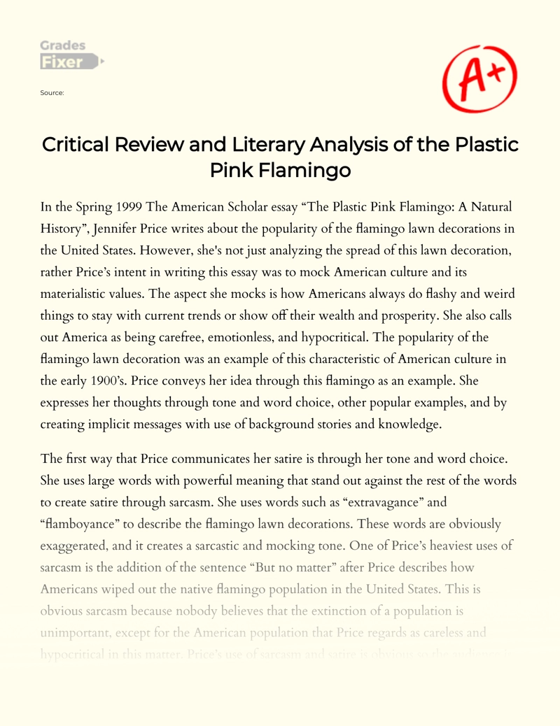Critical Review and Literary Analysis of The Plastic Pink Flamingo Essay