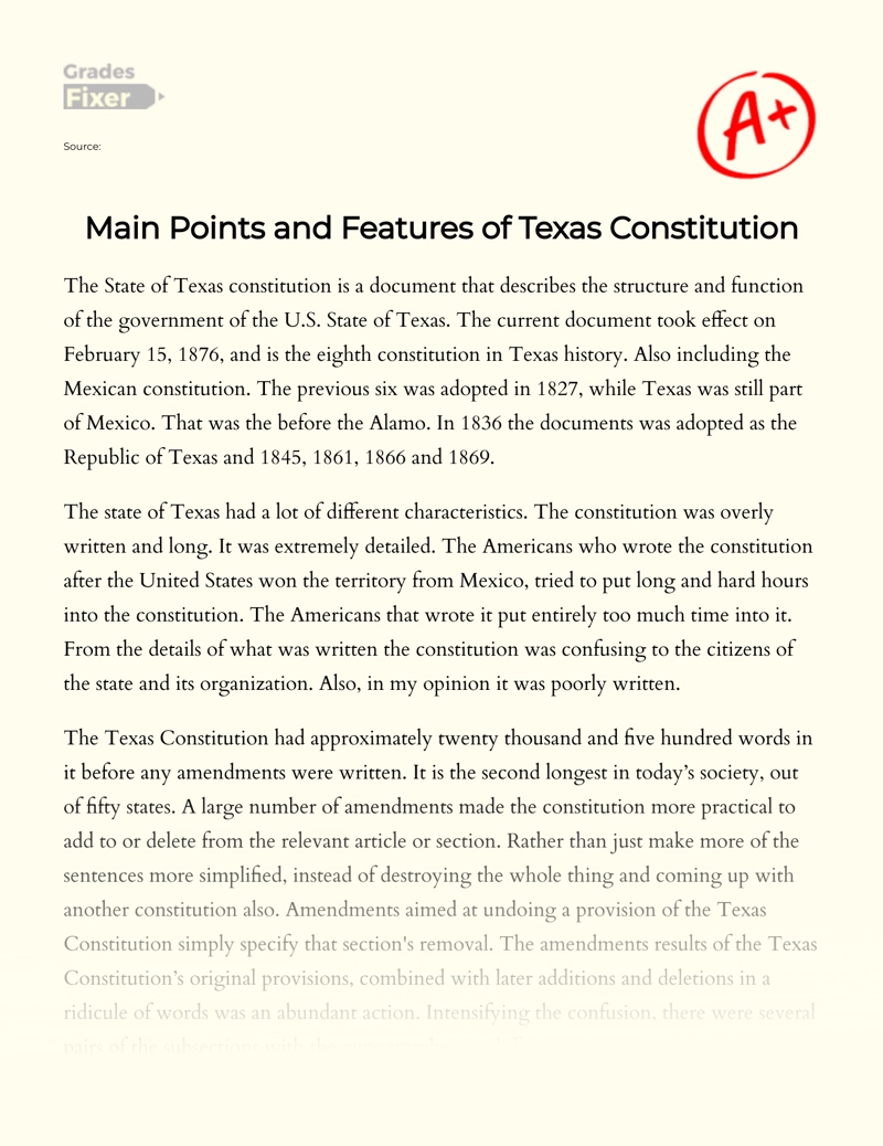 Main Points and Features of Texas Constitution and Texas State essay