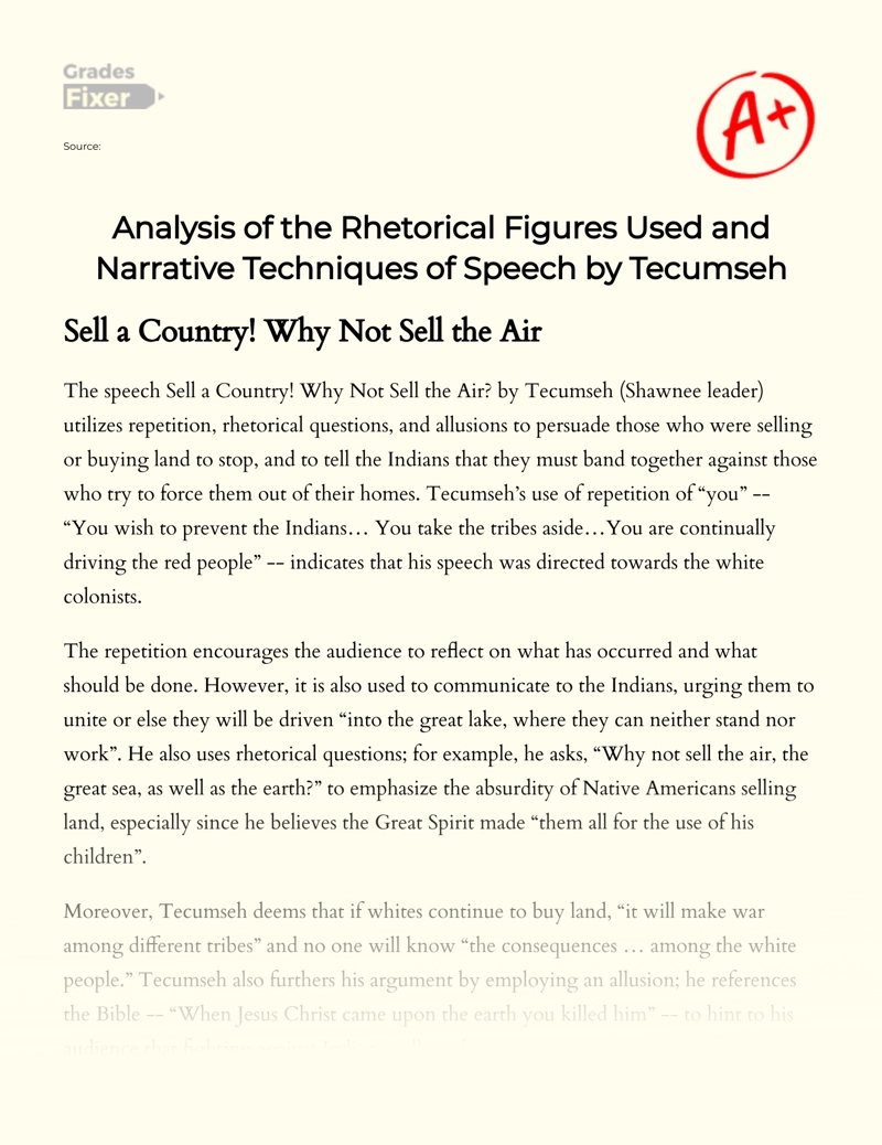 Analysis of The Rhetorical Figures Used and Narrative Techniques of Speech by Tecumseh Essay