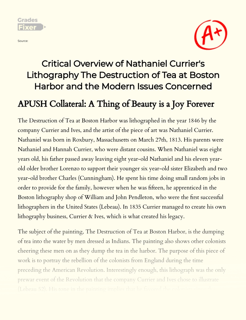 Analyzing Nathaniel Currier's "The Destruction of Tea at Boston Harbor" Essay