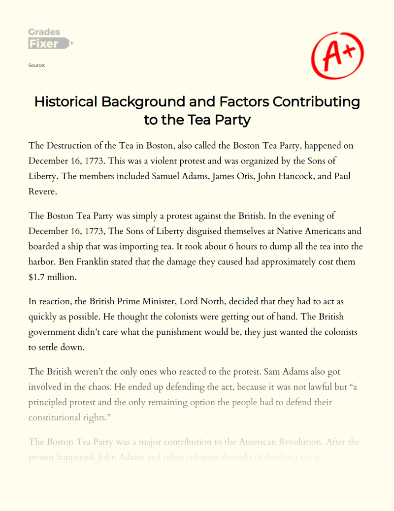 Historical Background and Factors Contributing to The Tea Party Essay