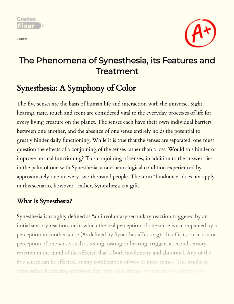 The Phenomena of Synesthesia, Its Features and Treatment Essay