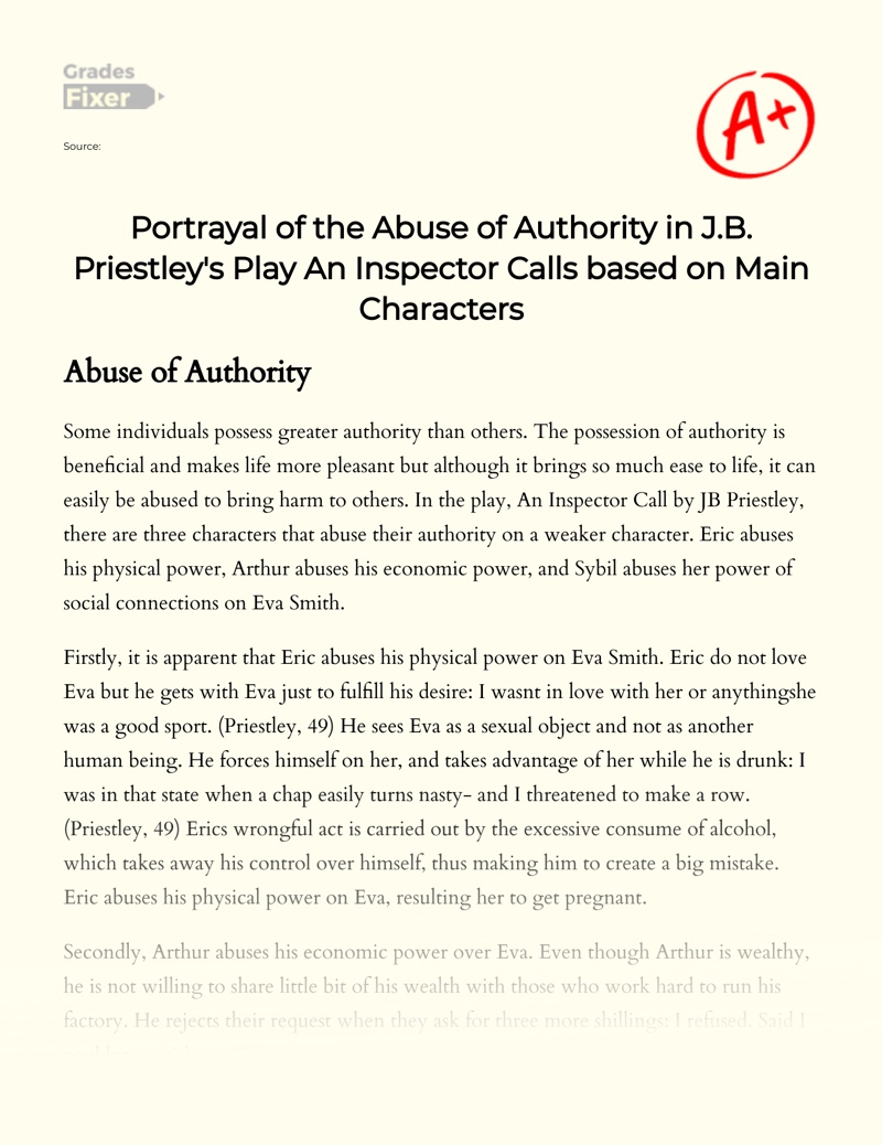 Portrayal of The Abuse of Authority in J.b. Priestley's Play an Inspector Calls Essay