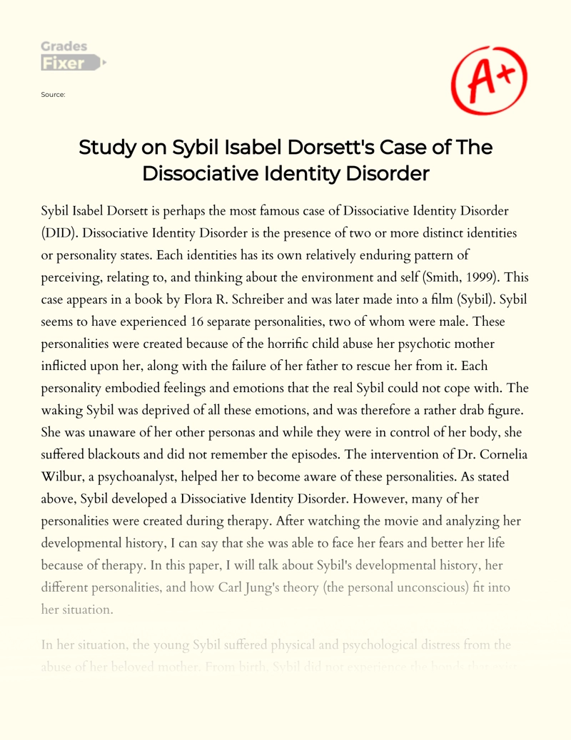 Study on Sybil Isabel Dorsett Case of The Dissociative Identity Disorder Essay