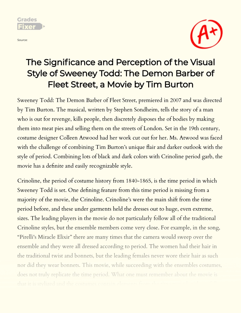 The Significance and Perception of The Visual Style of Sweeney Todd: The Demon Barber of Fleet Street, a Movie by Tim Burton essay