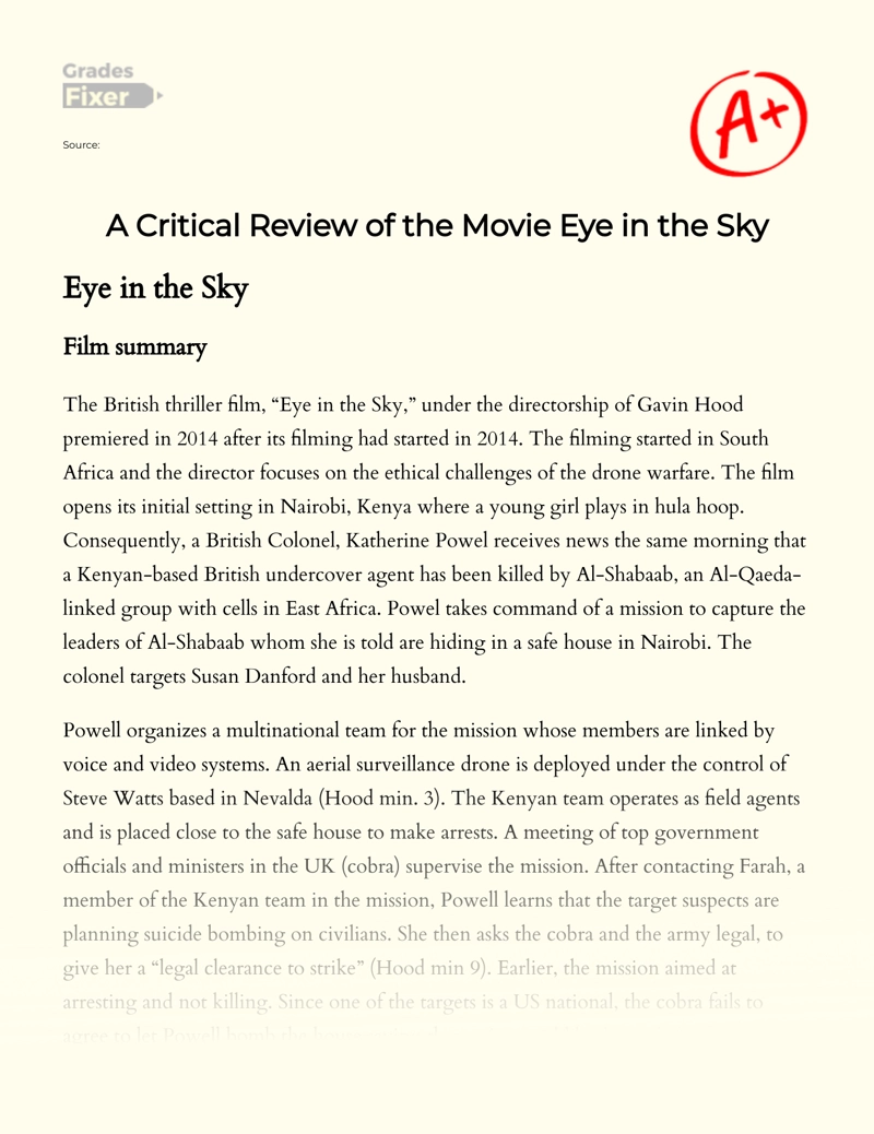 A Critical Review of The Movie Eye in The Sky Essay