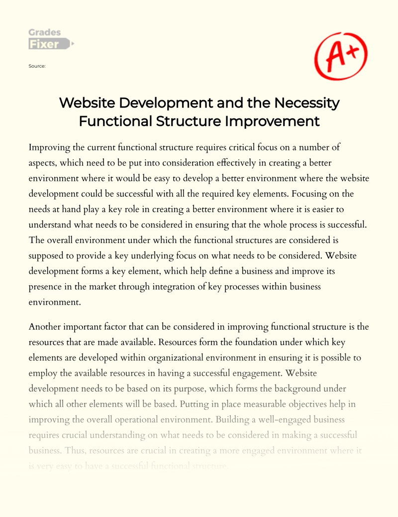 Website Development and The Necessity Functional Structure Improvement Essay