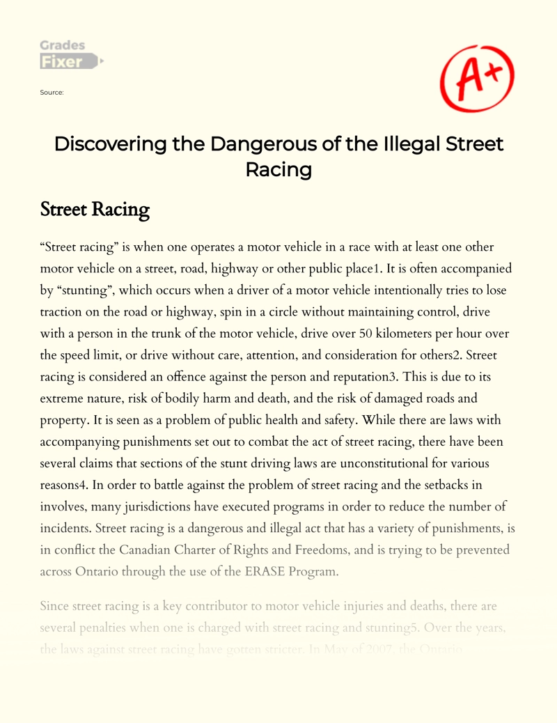 Discovering The Dangerous of The Illegal Street Racing essay