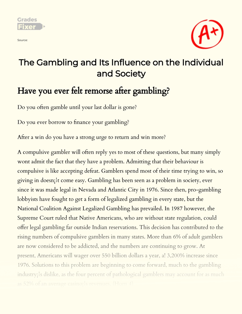 The Gambling and Its Influence on The Individual and Society Essay