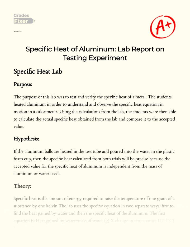 Specific Heat of Aluminum: Lab Report on Testing Experiment Essay