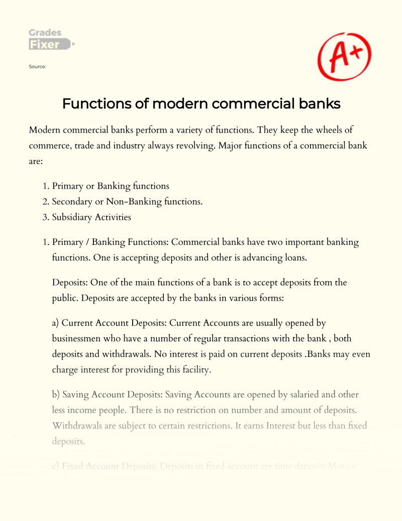 Functions of Modern Commercial Banks Essay