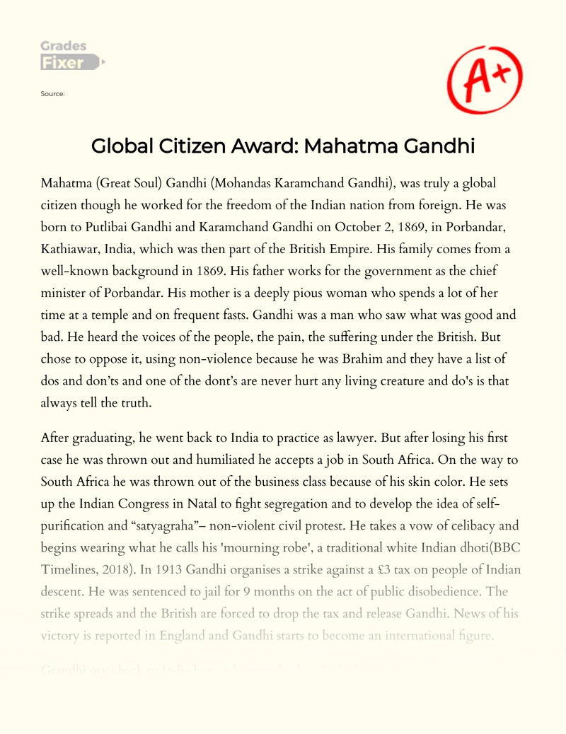 Global Citizen Award: Mahatma Gandhi Essay