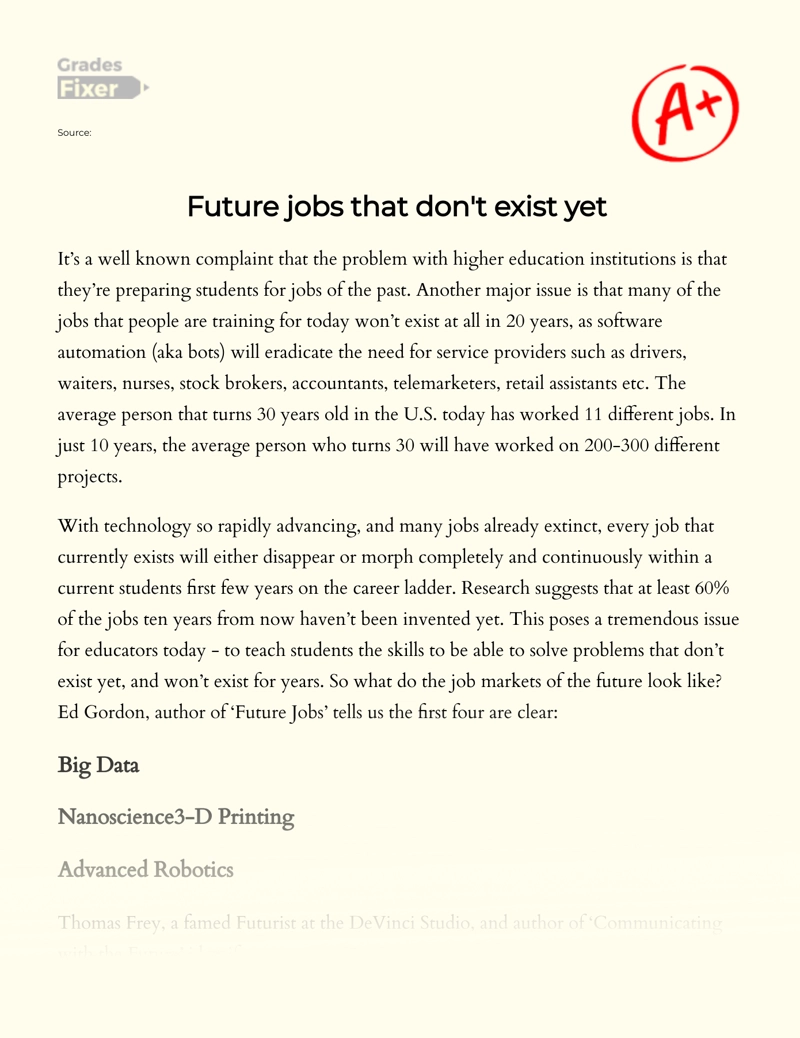 Future Jobs that Don't Exist Yet  Essay